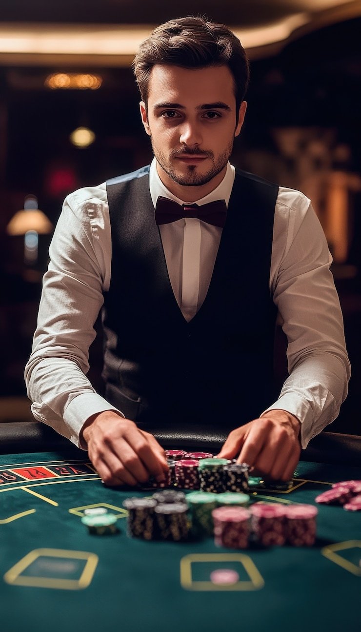 Dealer live casino membuka kartu dalam sesi permainan interaktif